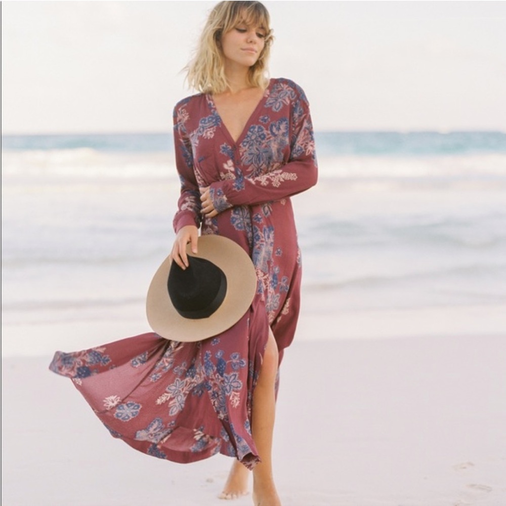 Free People Print Dress Front Slits Midi Embroidered Plum Blue Prairie Boho